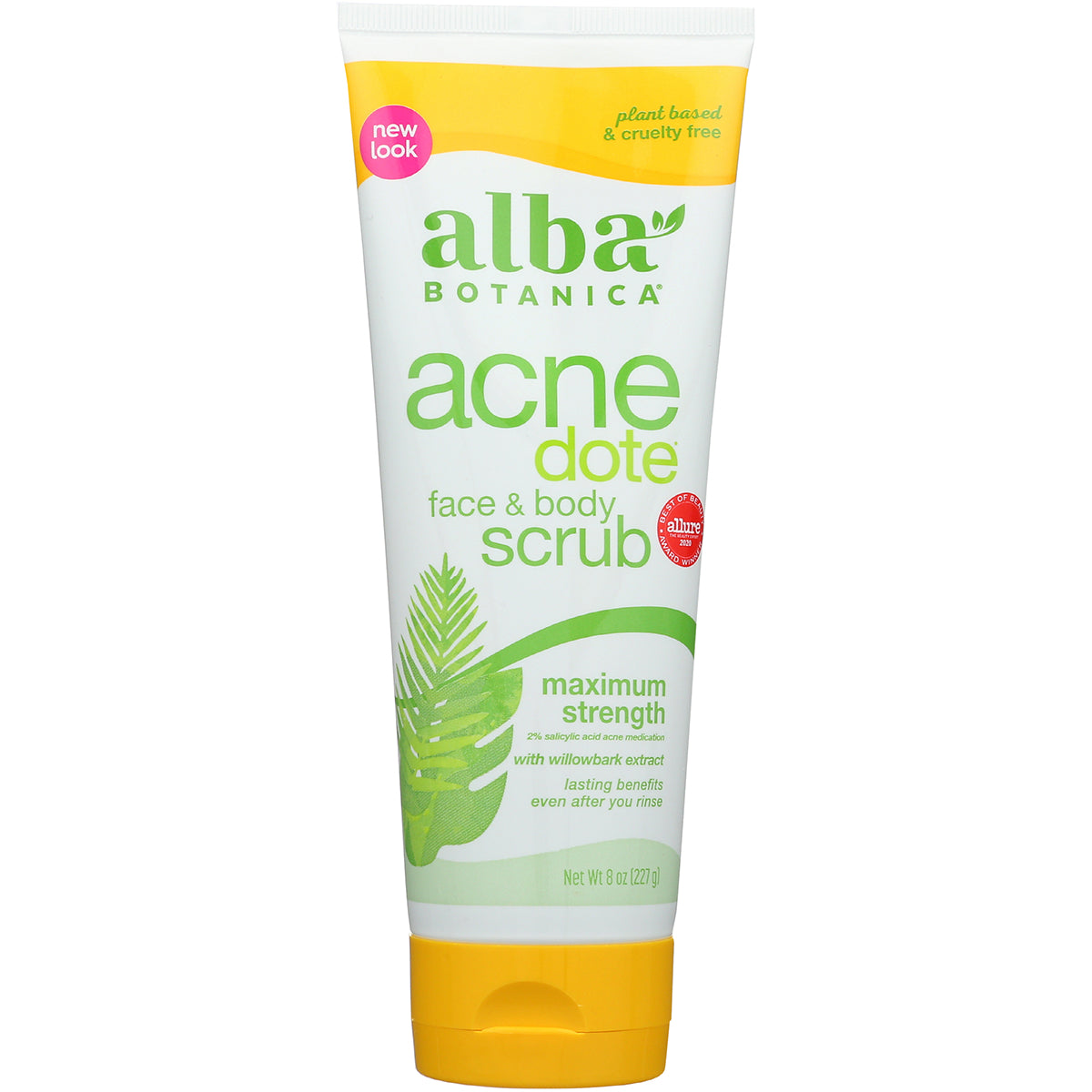 ABA103 | Alba Botanica Acne Dote face & body scrub, maximum strength, 8 oz tube with yellow cap