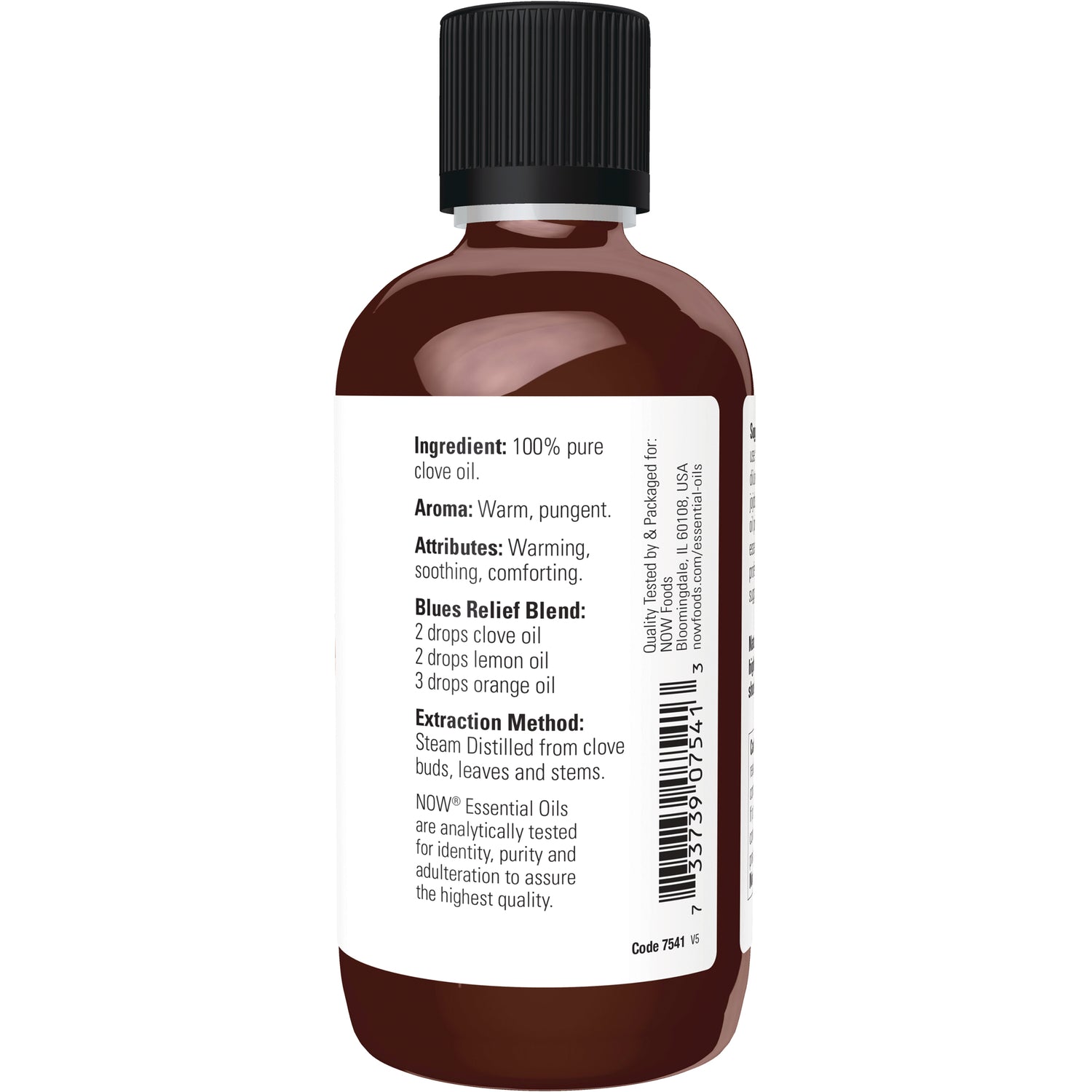 NWF467 | Back of brown essential oil bottle label listing ingredient, aroma, attributes, blend, extraction method and barcode