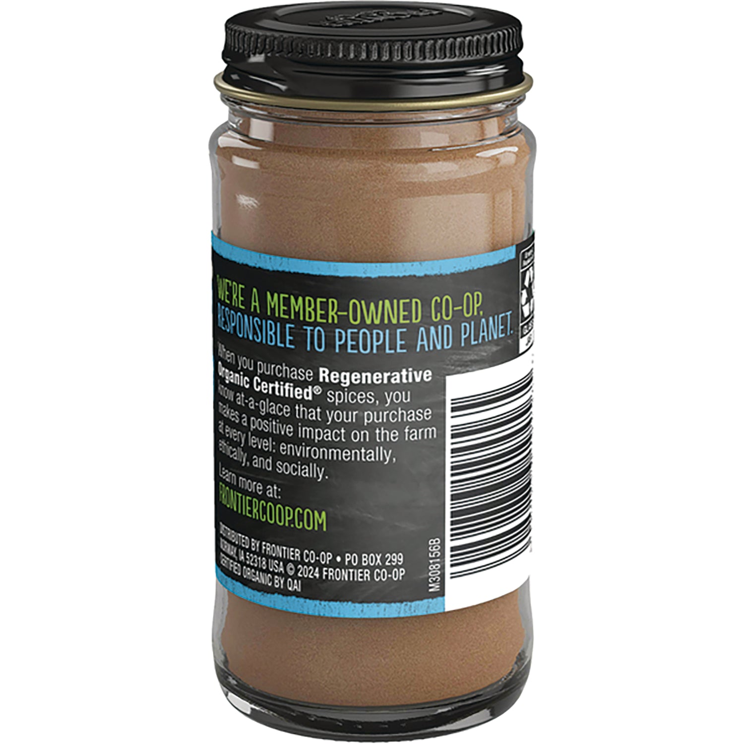FNP008 | back of glass spice jar label showing Fair Trade info, net wt 1.76 oz (50g) and frontiercoop.com