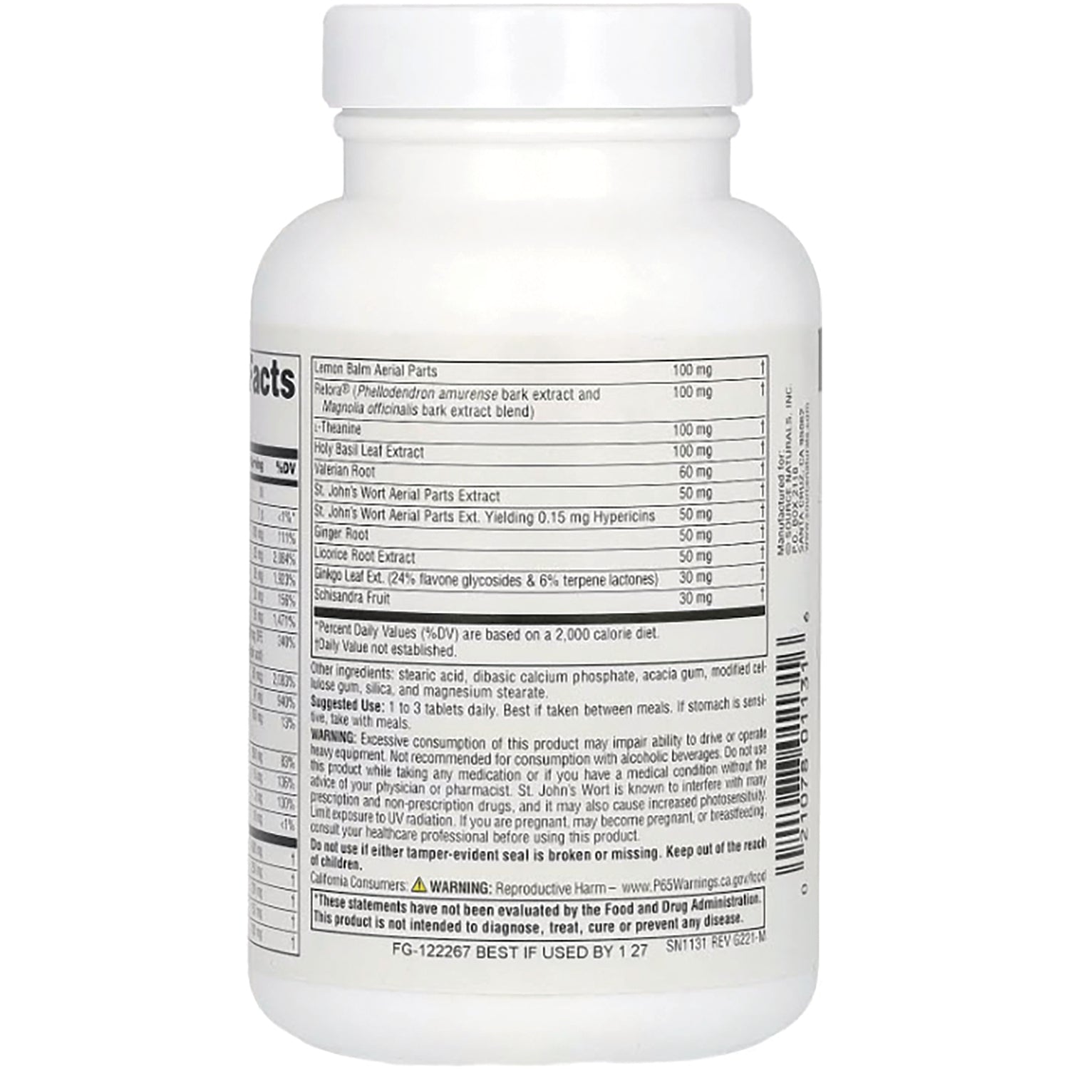 SN283 | Back label with Supplement Facts, ingredients, directions, warnings, and barcode