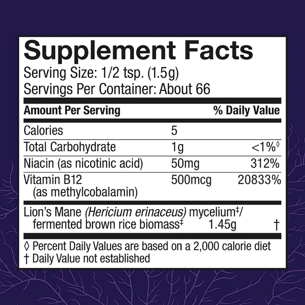 FUN051 | Supplement Facts label showing serving size 1/2 tsp (1.5g), Niacin 50mg, Vitamin B12 500mcg, Lion's Mane 1.45g - Thumbnail
