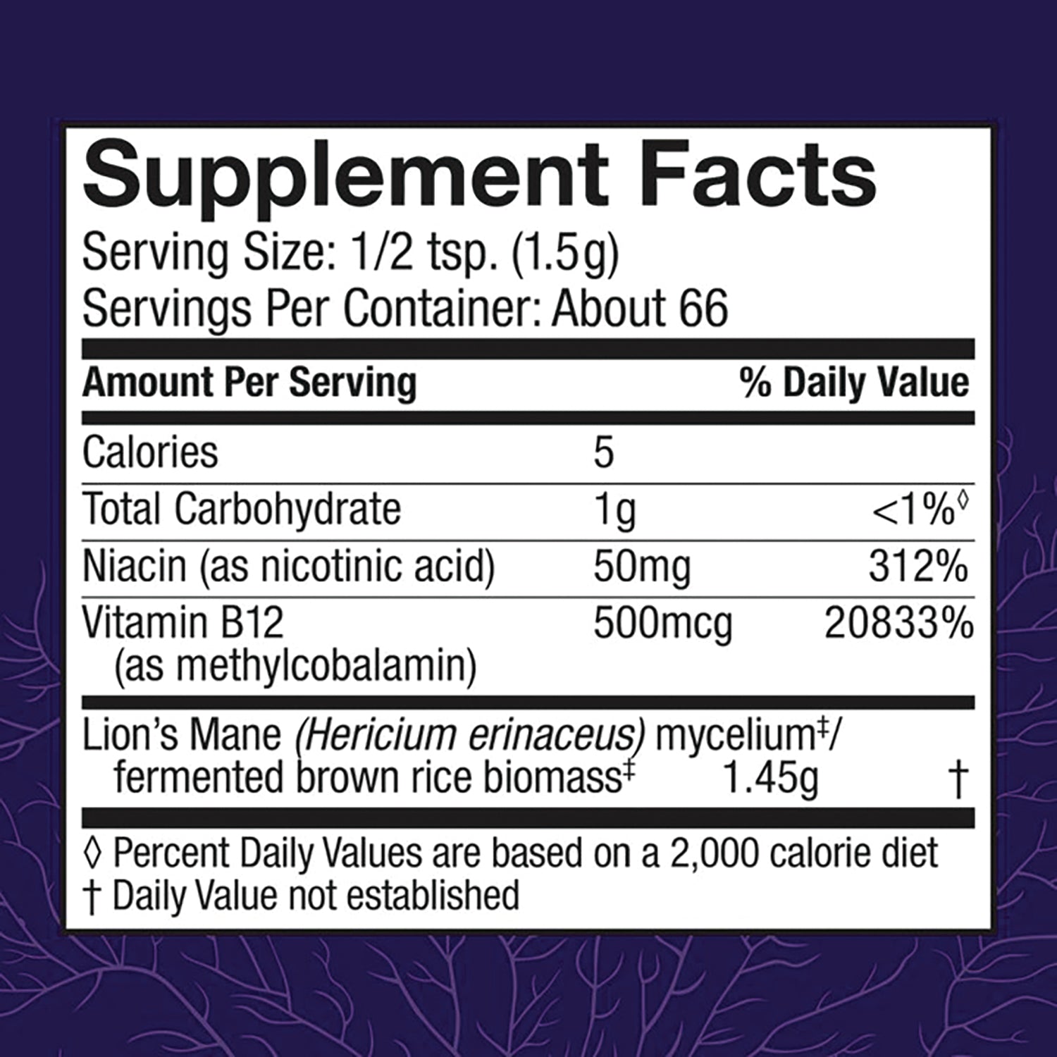 FUN051 | Supplement Facts label showing serving size 1/2 tsp (1.5g), Niacin 50mg, Vitamin B12 500mcg, Lion's Mane 1.45g