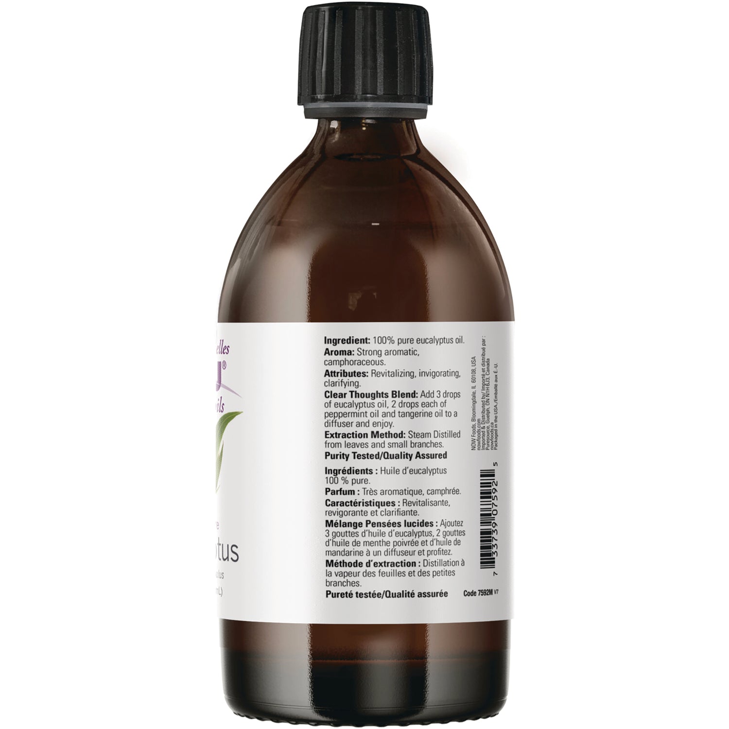 NWF1338 | Back of amber glass bottle with white label showing ingredients text, usage directions, and barcode