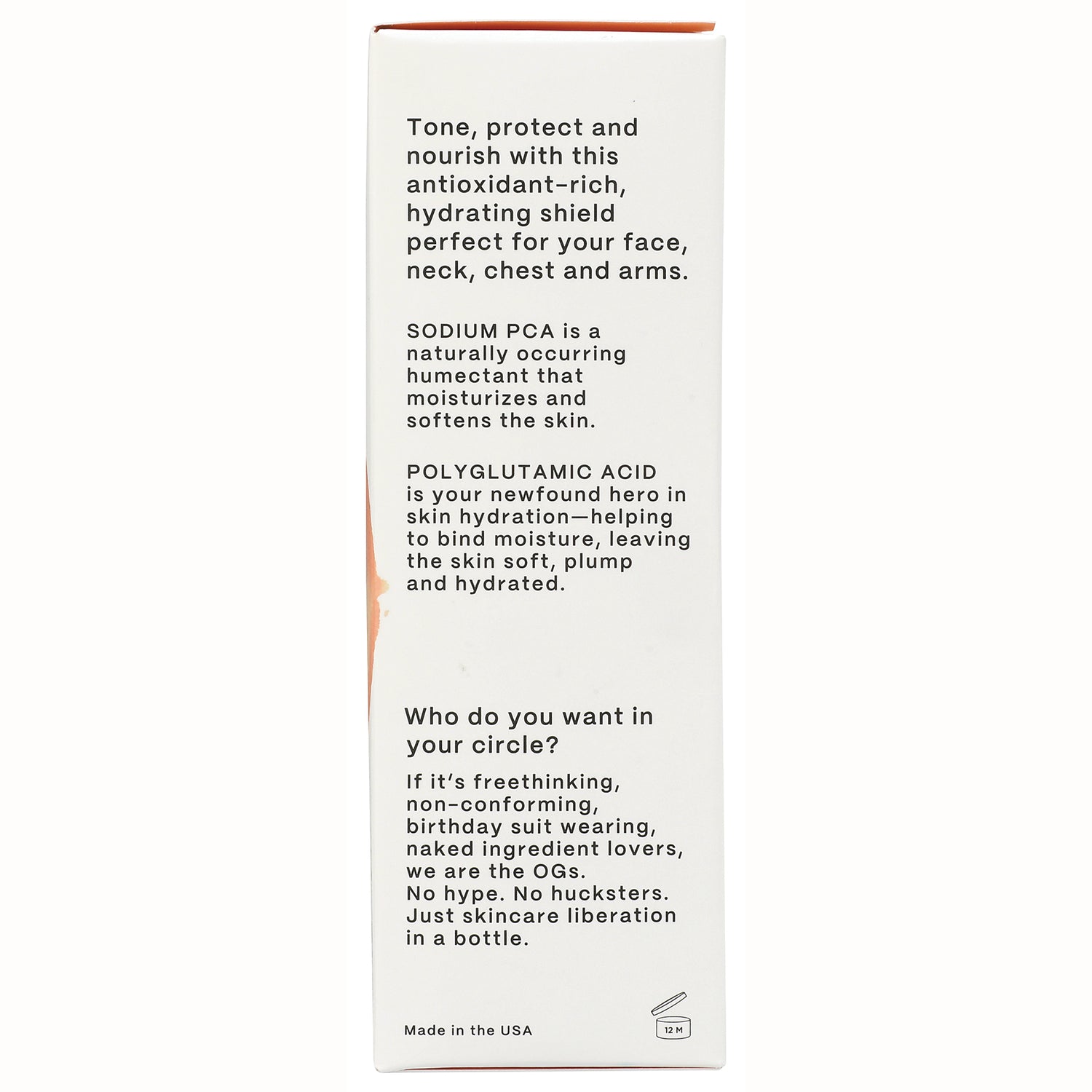 HIP009 | Back of white skincare box with ingredient descriptions mentioning sodium PCA, polyglutamic acid, and brand copy