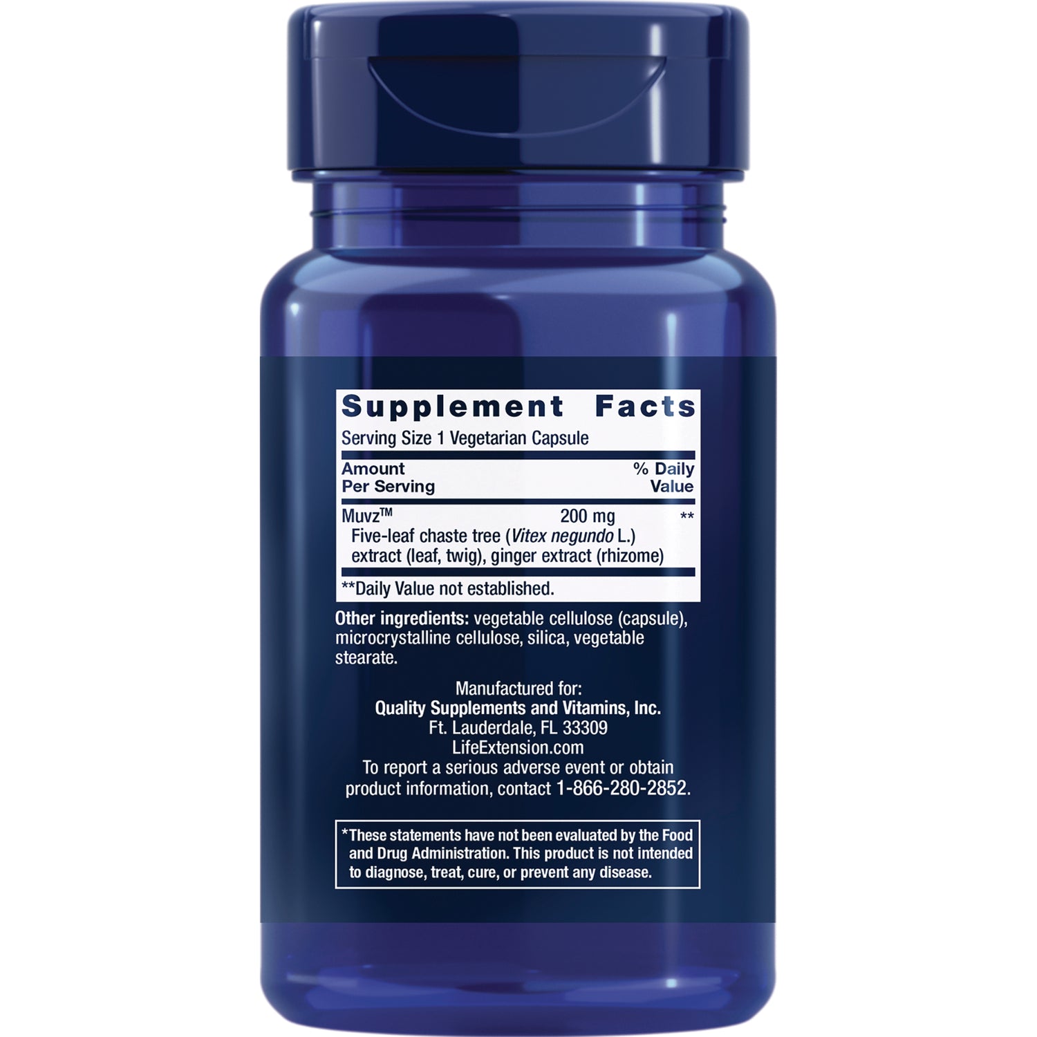 LE595 | Back of blue supplement bottle showing Supplement Facts panel with ingredients and manufacturer information