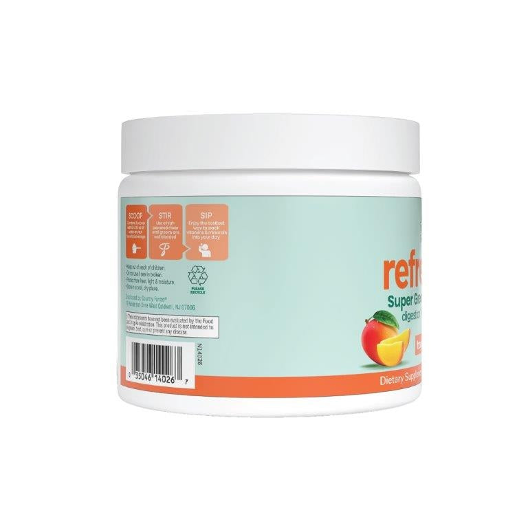 CFR032 | Back of white supplement tub with barcode, usage icons, recycling symbol, and partial mango graphic - Thumbnail
