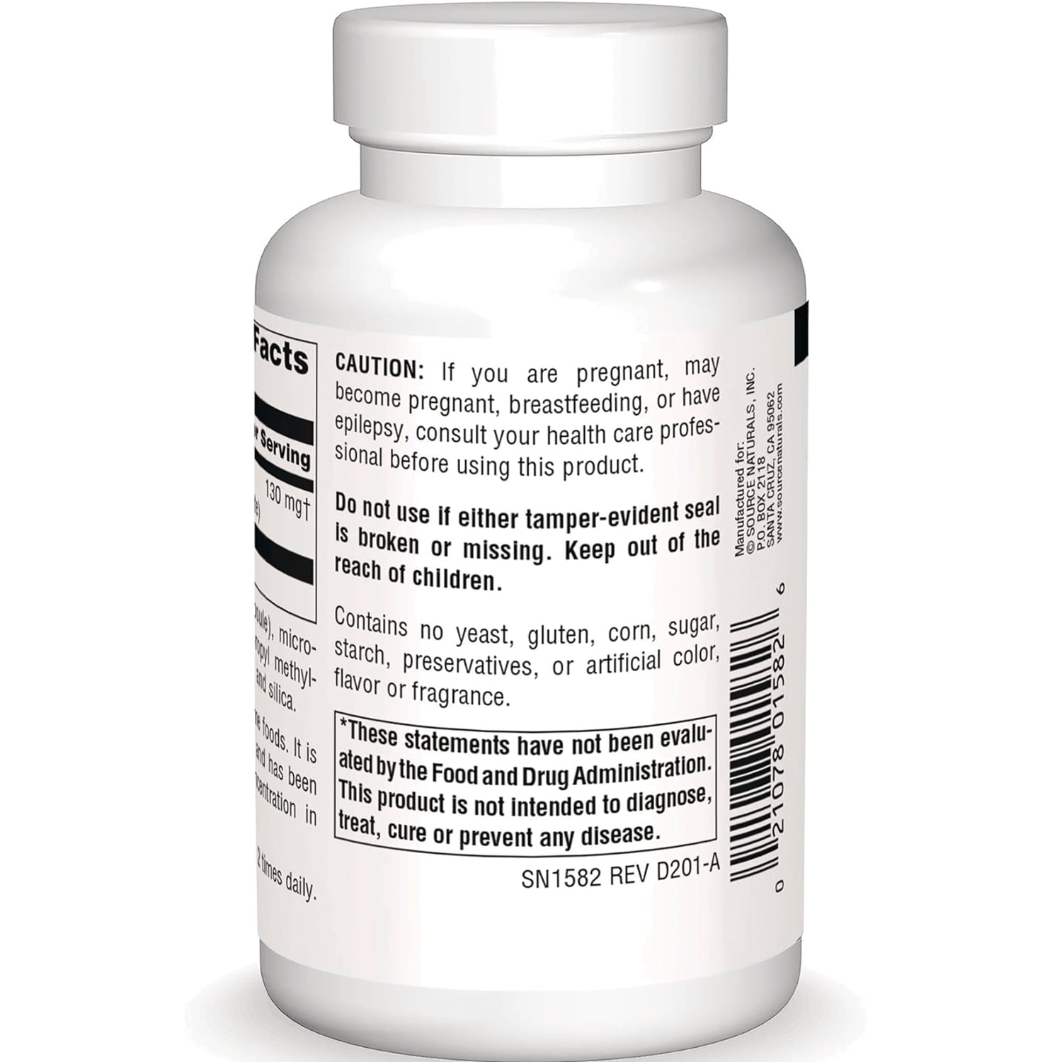 SN441 | Back label of supplement bottle with caution statement, gluten-free claim, FDA disclaimer, and barcode