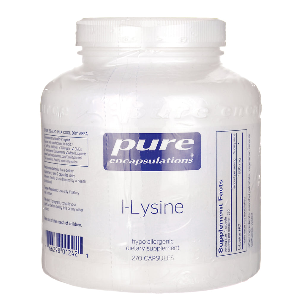 PRN148 | white supplement bottle labeled pure encapsulations I-Lysine 270 capsules, hypo-allergenic - Thumbnail