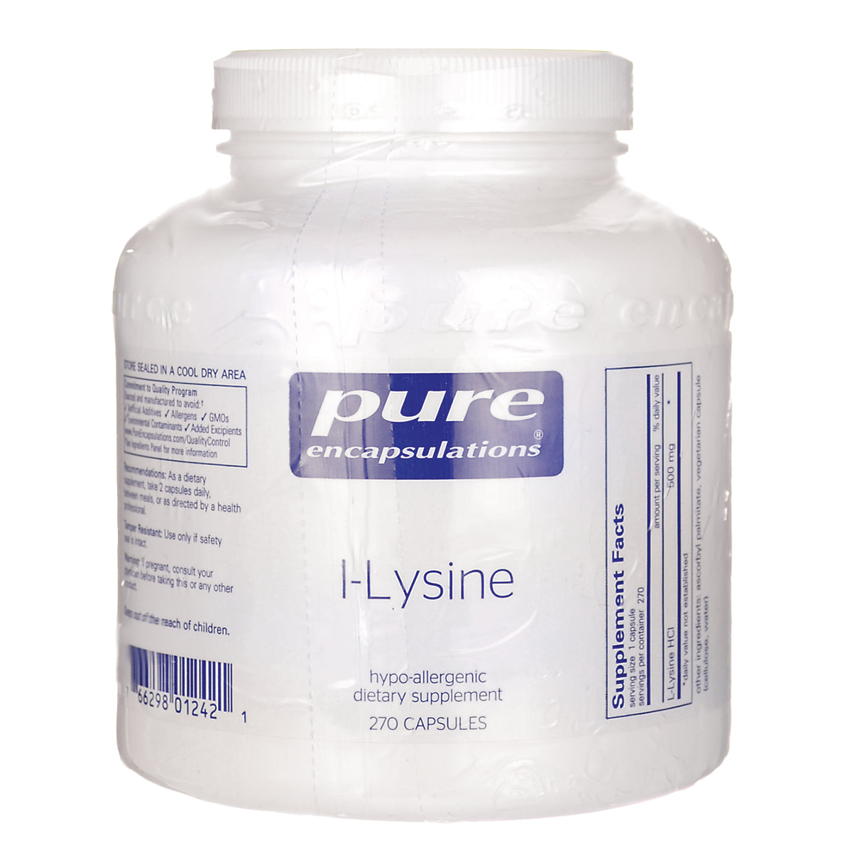 PRN148 | white supplement bottle labeled pure encapsulations I-Lysine 270 capsules, hypo-allergenic