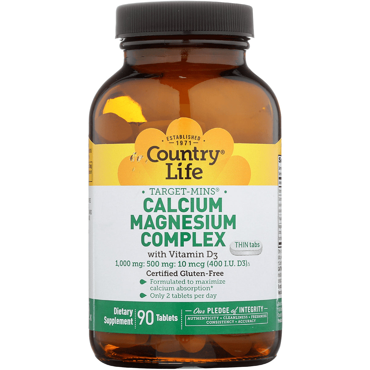 CRL549 | Country Life Calcium Magnesium Complex bottle showing label for 90 tablets dietary supplement with vitamin D3