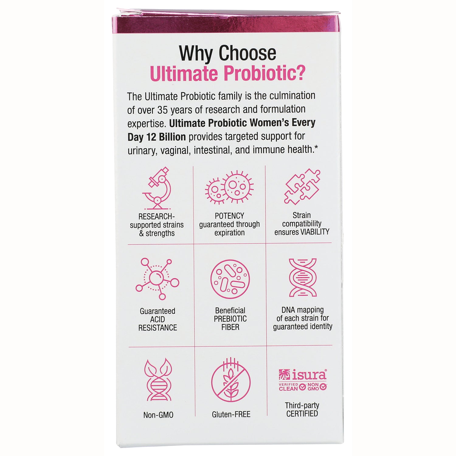 NFC088 | Why Choose Ultimate Probiotic panel listing research, potency, prebiotic fiber, non-GMO, gluten-free