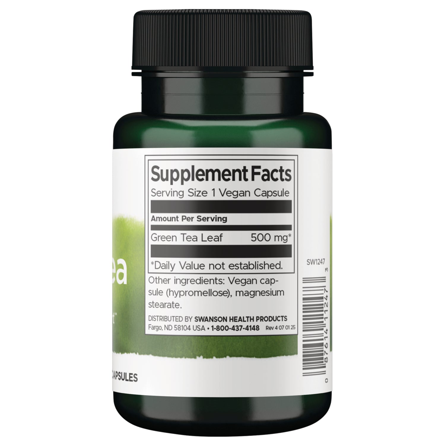 SW1247 | Supplement Facts panel for Green Tea Leaf 500 mg, serving size 1 capsule