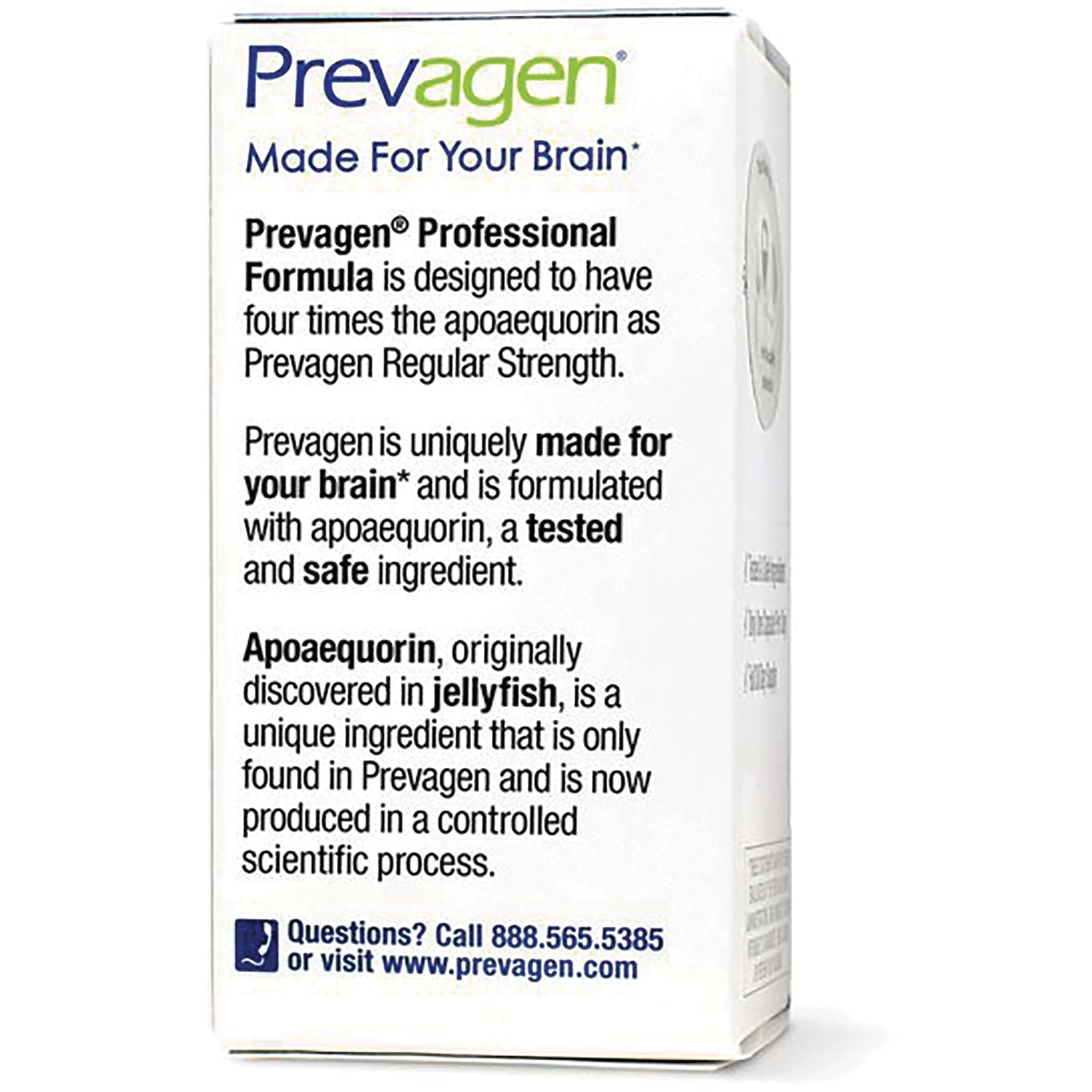 QB008 | Back of Prevagen box showing text about apoaequorin ingredient discovered in jellyfish and contact phone number