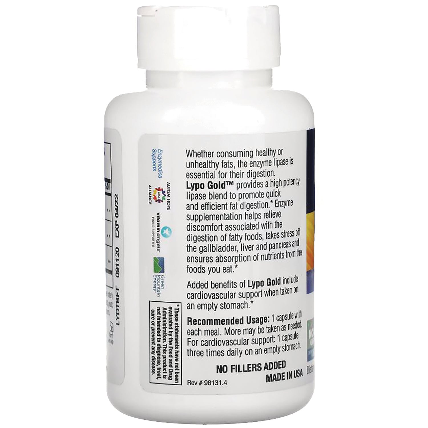 EMD016 | Back label of white supplement bottle showing Lypo Gold description, recommended usage, and No Fillers Added