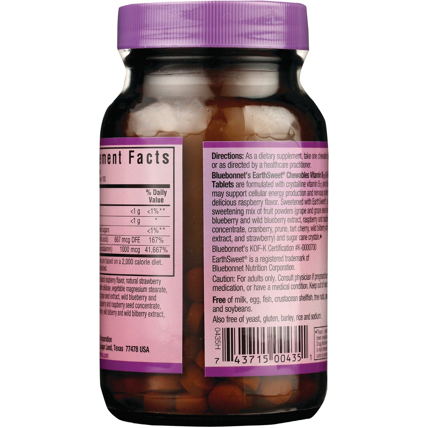 BLU074 | Back of supplement bottle showing nutrition facts, directions, barcode, and brown chewable tablets