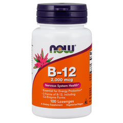 NWF726 | NOW B-12 2,000 mcg dietary supplement bottle, 100 lozenges, orange label and purple cap