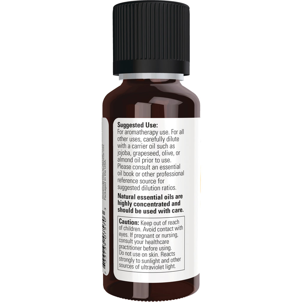 NWF140 | Back label of brown essential oil bottle showing suggested use and caution text - Thumbnail