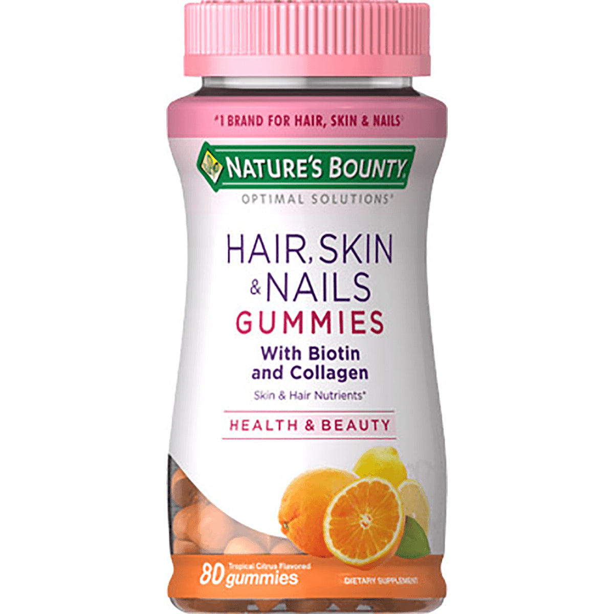 NBY061 | Nature's Bounty Hair, Skin & Nails gummies bottle with biotin and collagen, tropical citrus, 80 count