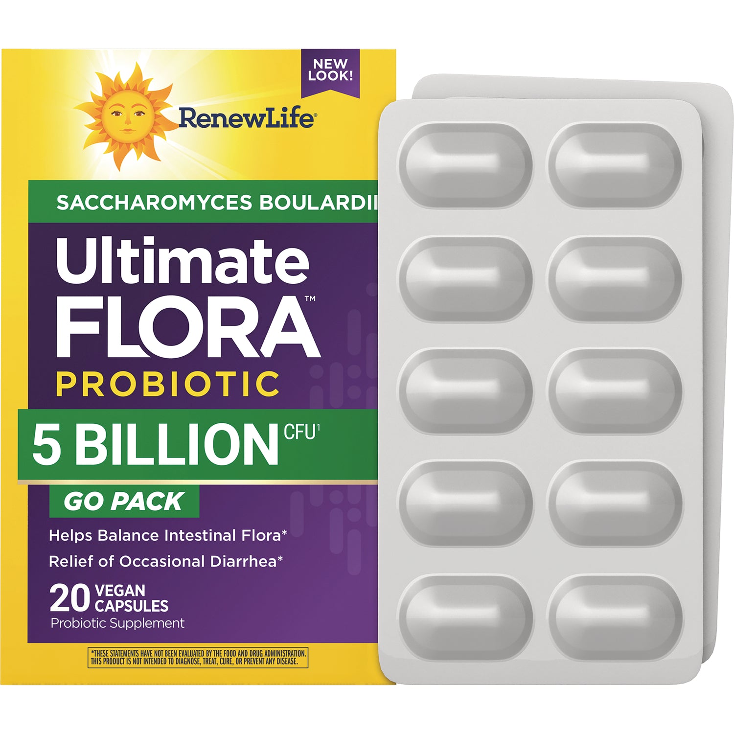 RNL254 | RenewLife Ultimate FLORA probiotic 5 billion CFU GO PACK box with two blister packs of capsules