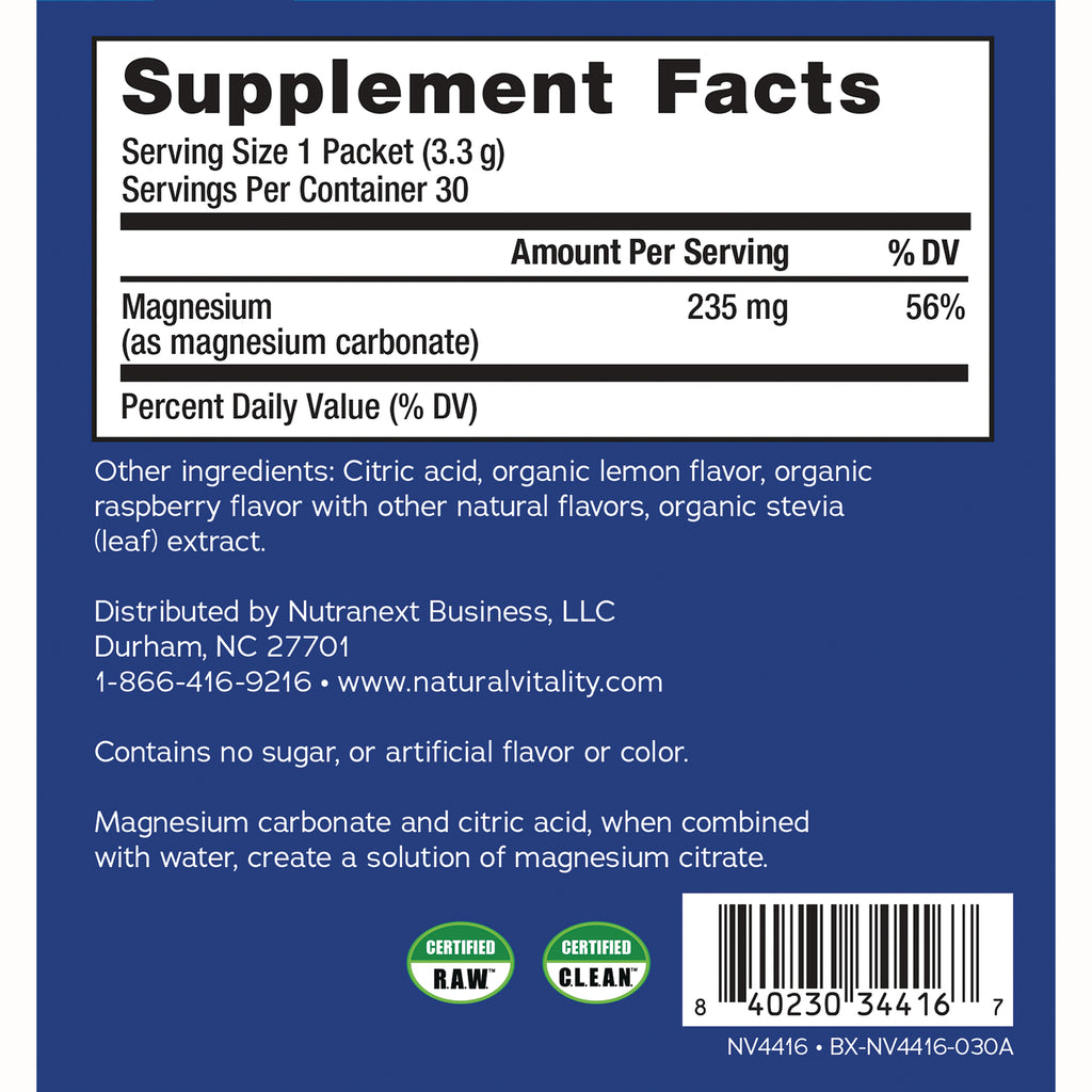 NVT070 | Back label showing Supplement Facts with magnesium 235 mg, ingredient list, distributor info and barcode on blue packet - Thumbnail