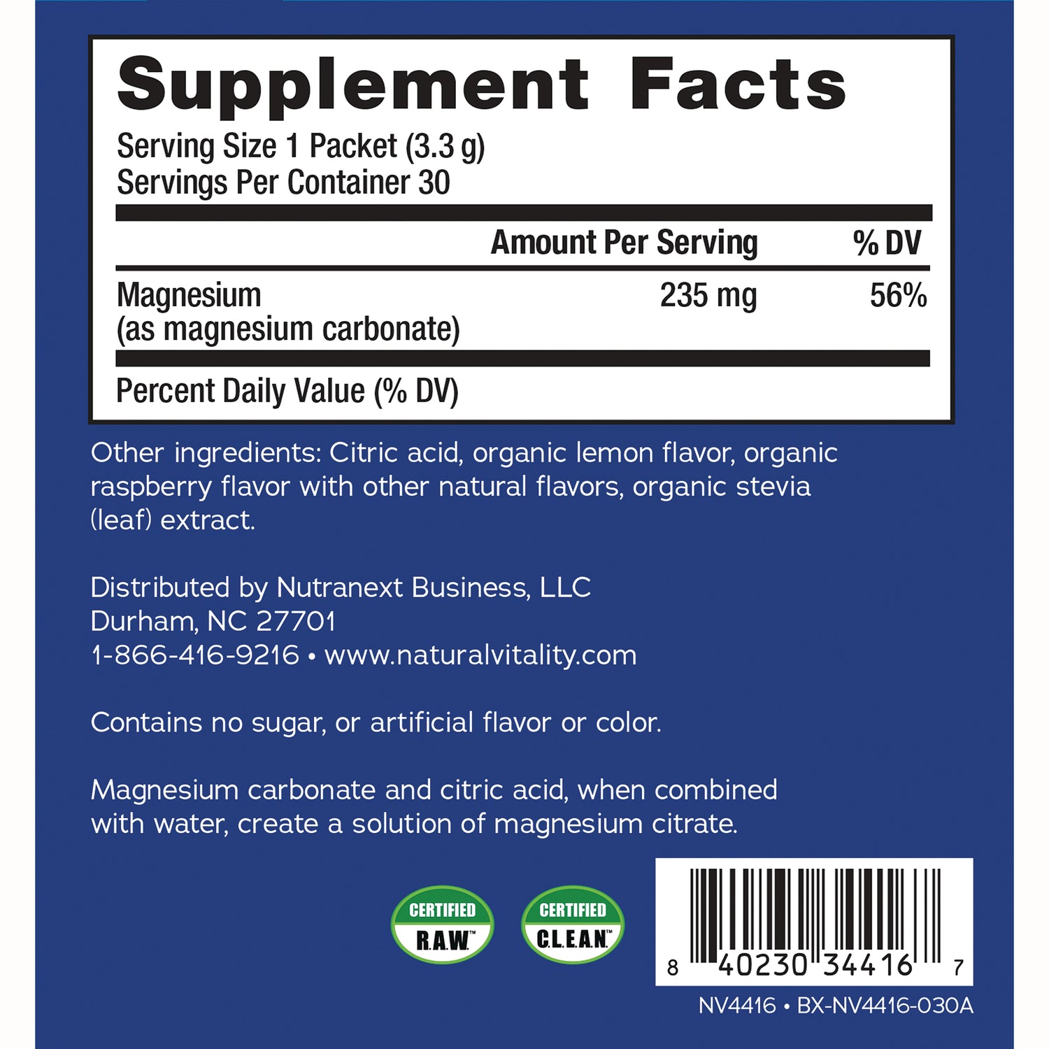 NVT070 | Back label showing Supplement Facts with magnesium 235 mg, ingredient list, distributor info and barcode on blue packet