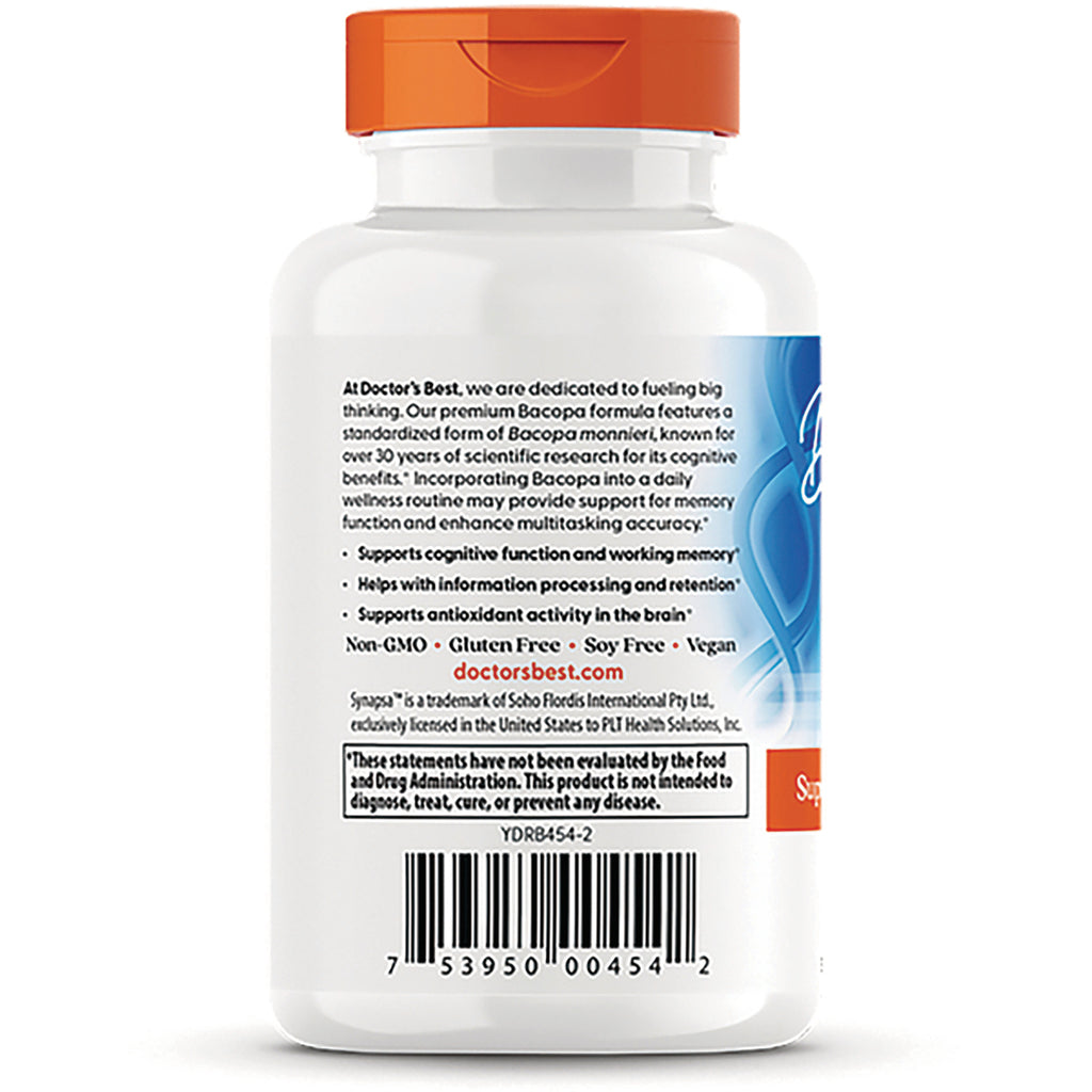 DB249 | Back label of Doctor's Best Bacopa with Synapsa showing supplement claims, barcode and QR code - Thumbnail
