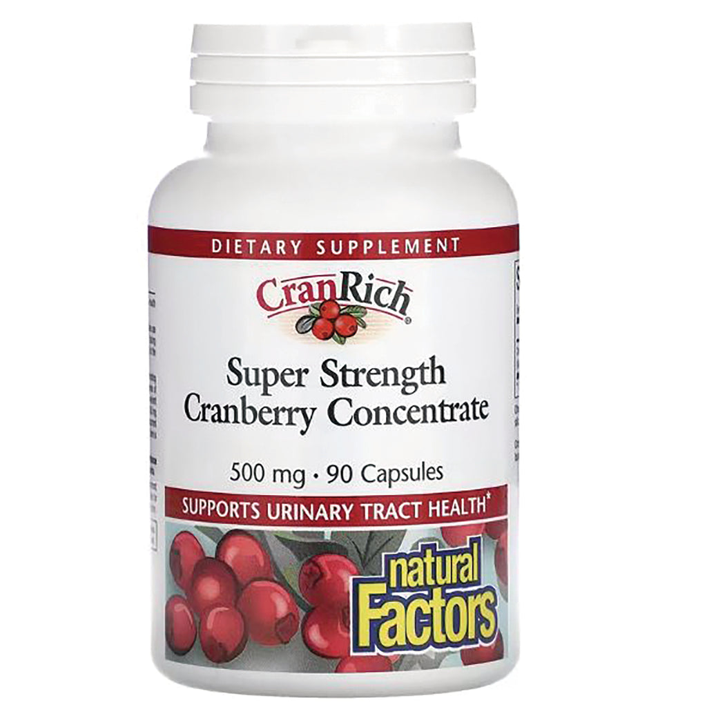 NFC142 | CranRich Super Strength Cranberry Concentrate 500 mg, 90 capsules white bottle with Natural Factors logo - Thumbnail