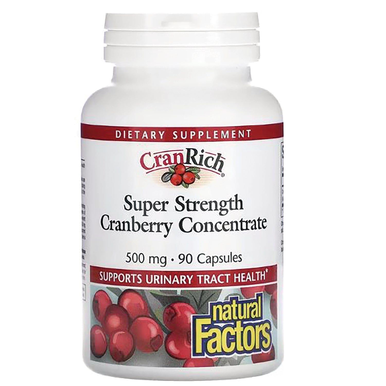 NFC142 | CranRich Super Strength Cranberry Concentrate 500 mg, 90 capsules white bottle with Natural Factors logo