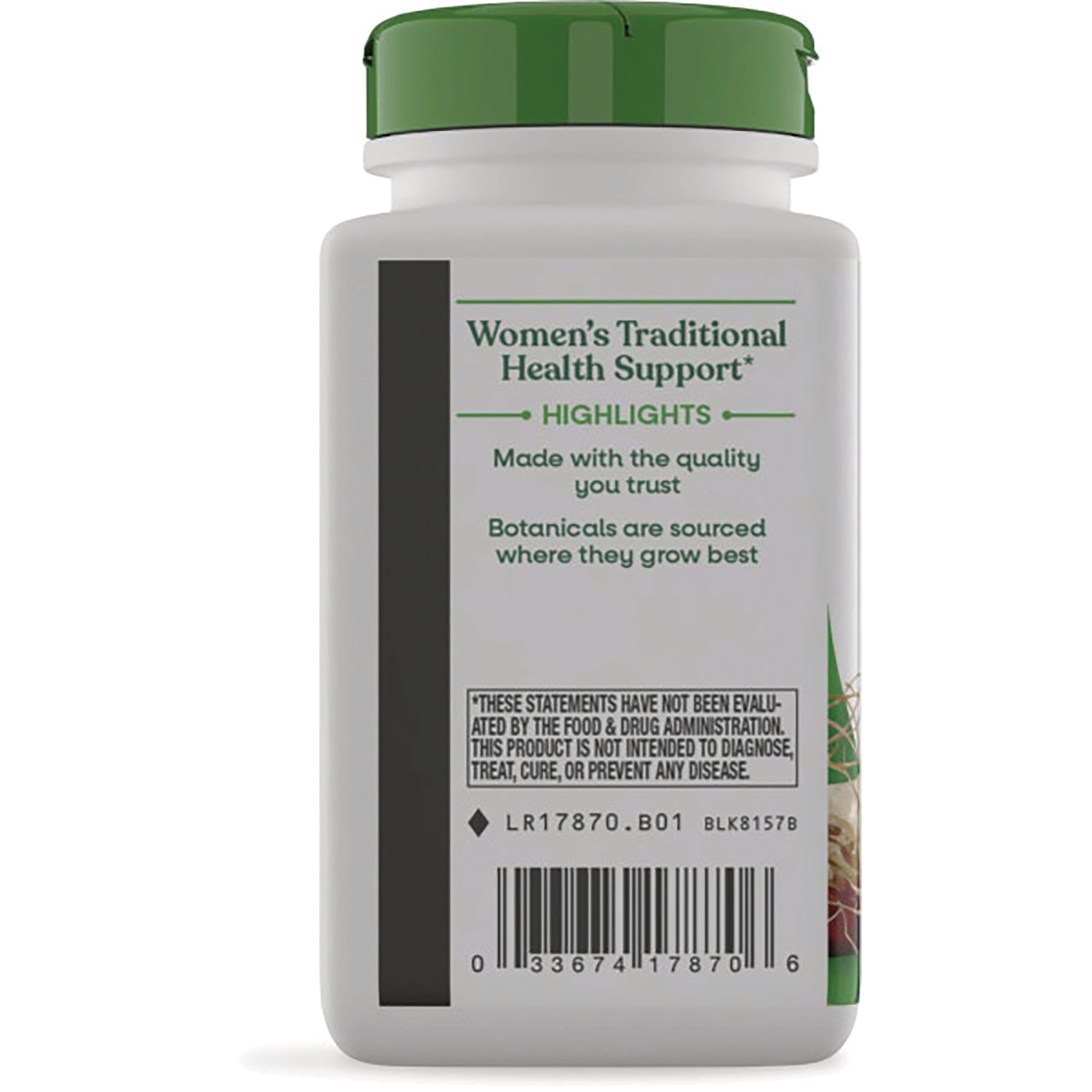 NW274 | Back of white supplement bottle labeled Women's Traditional Health Support highlights with small text and barcode