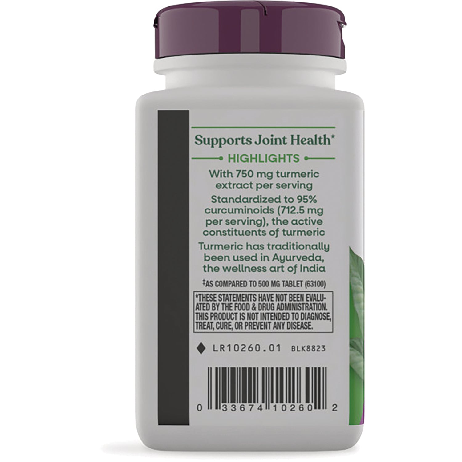 NW872 | bottle back label listing highlights supports joint health with 750 mg turmeric extract per serving and barcode