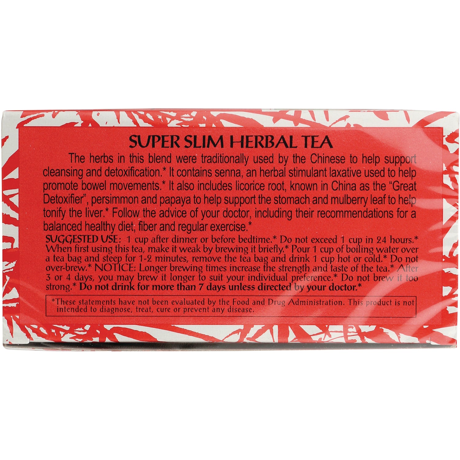 TLT008 | Back of box showing SUPER SLIM HERBAL TEA directions, suggested use, and notice panel