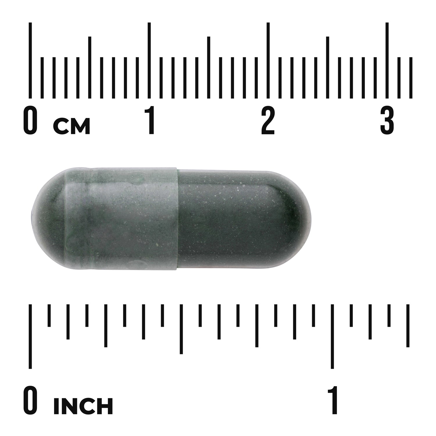 SWU948 | Green capsule with ruler showing size in cm and inches