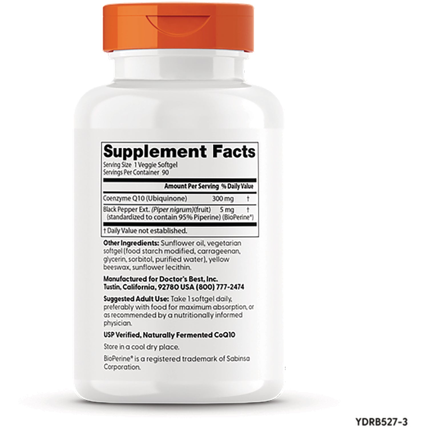 DB275 | back of white supplement bottle with orange cap showing Supplement Facts panel and ingredient text
