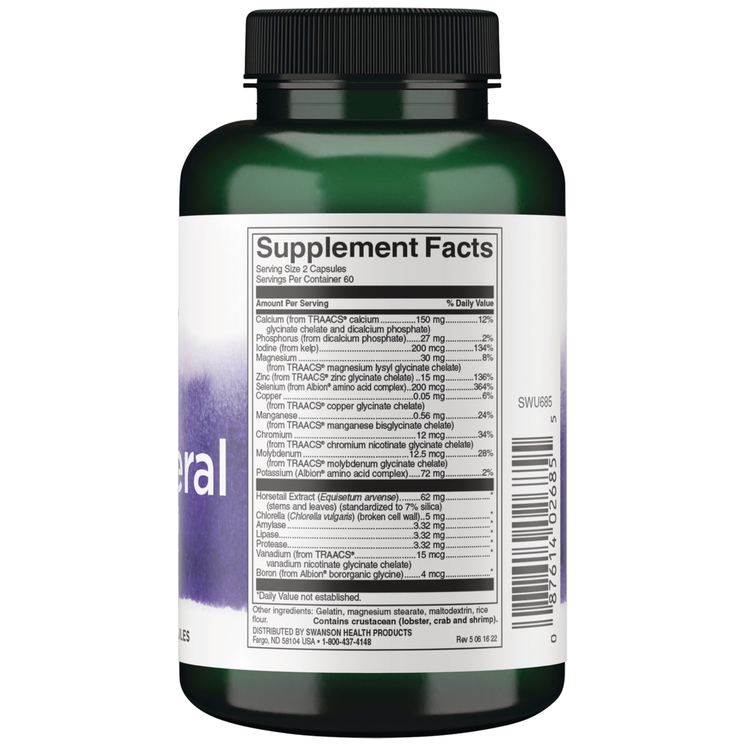 SWU685 | Back of supplement bottle with Supplement Facts and ingredients panel