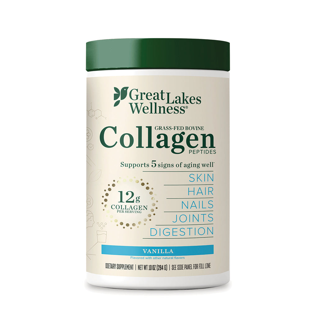 GLK015 | Great Lakes Wellness Collagen peptides tub, vanilla flavor, 12g collagen per serving, front label - Thumbnail