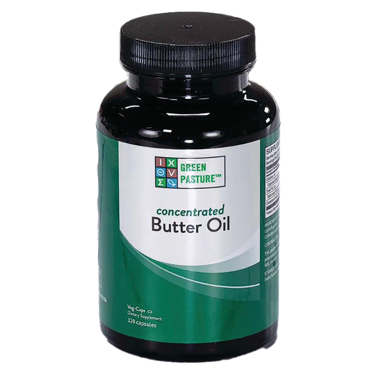 GRP012 | Dark green supplement bottle labeled GREEN PASTURE concentrated Butter Oil, 120 capsules