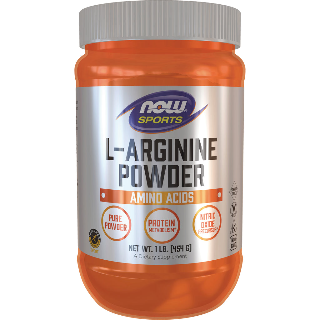 NWF891 | NOW Sports L-Arginine Powder supplement jar, orange container with silver label reading L-ARGININE POWDER - Thumbnail