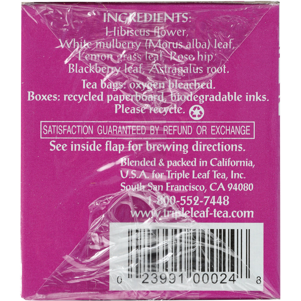 TLT024 | Back of Triple Leaf Tea box with ingredients list, recycle icon, satisfaction guarantee, barcode - Thumbnail