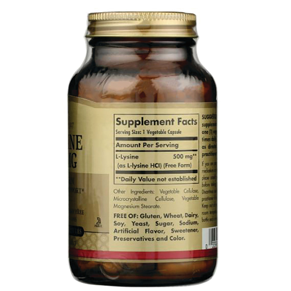 Supplement facts label on brown glass bottle showing L-Lysine 500 mg and text free of gluten wheat dairy - Thumbnail