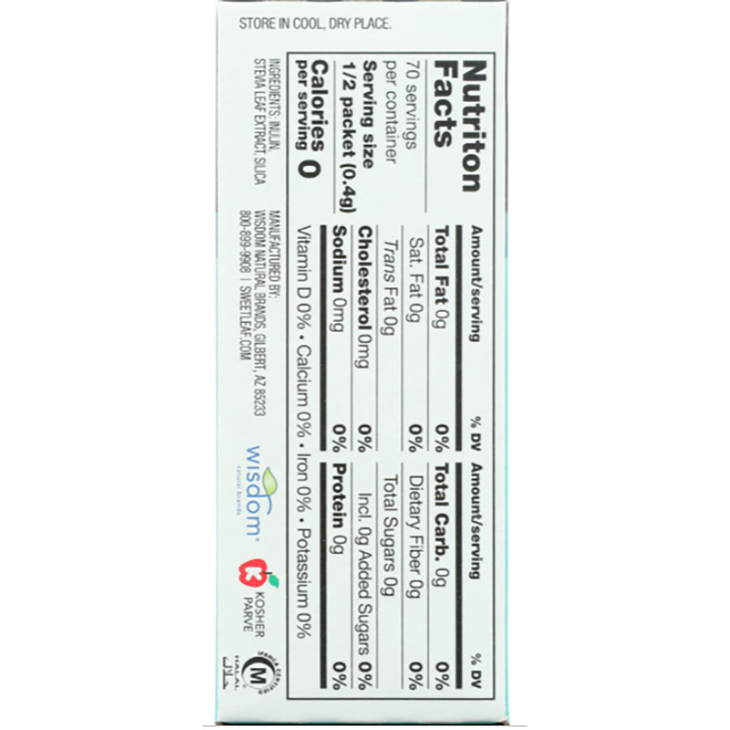 WA030 | Back panel with Nutrition Facts for 1/2 packet (0.4 g), 0 calories; ingredients: stevia leaf extract - Thumbnail