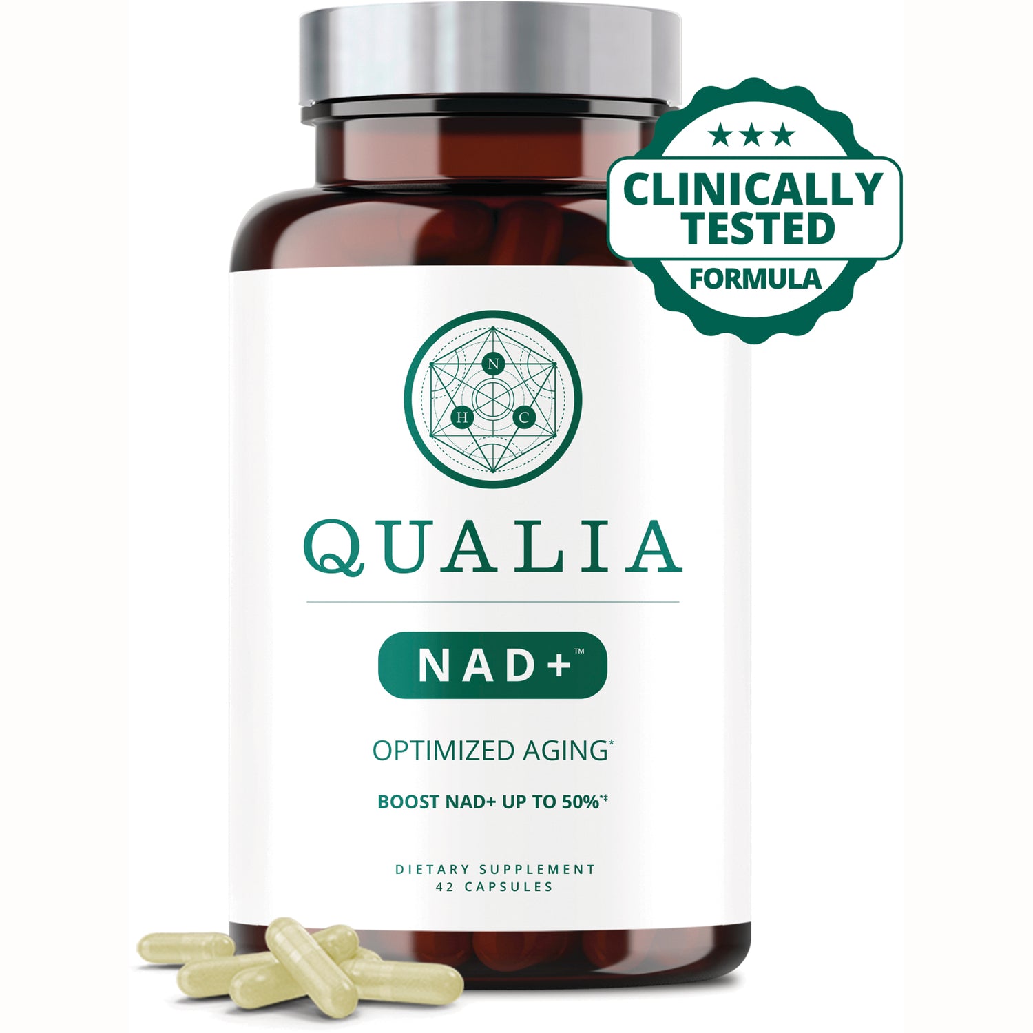 NEH008 | Qualia NAD+ supplement bottle front with white label, Clinically Tested badge and capsules