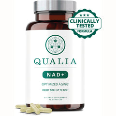 NEH008 | Qualia NAD+ supplement bottle front with white label, Clinically Tested badge and capsules