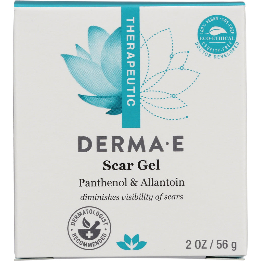 DE002 | DERMA E Scar Gel box labeled Panthenol & Allantoin, diminishes visibility of scars, 2 OZ / 56 g - Thumbnail
