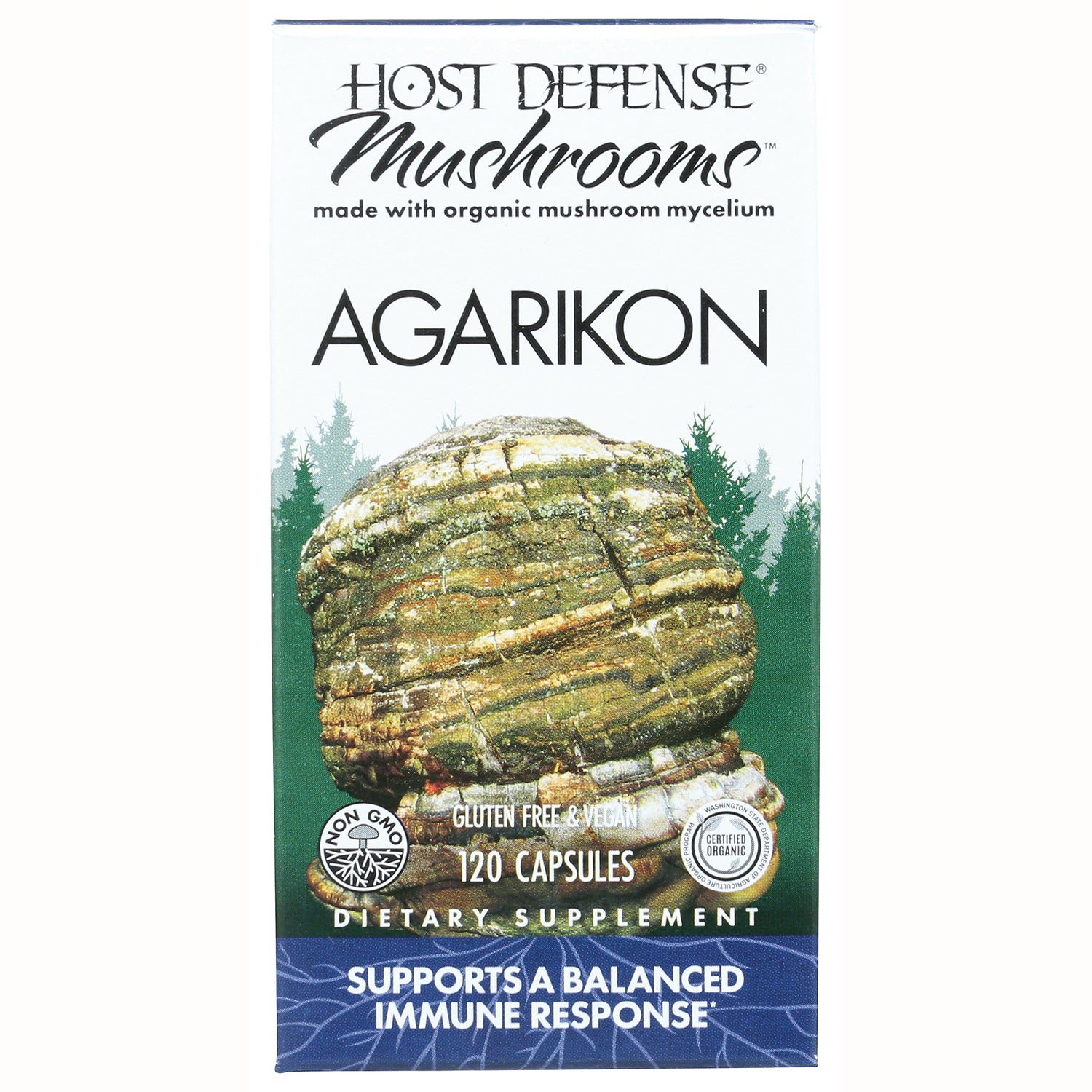 FUN041 | Host Defense Mushrooms Agarikon supplement box, 120 capsules, gluten free and vegan, supports a balanced immune response