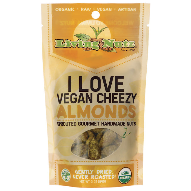 LVN006 | Living Nutz I LOVE VEGAN CHEEZY ALMONDS front pouch with window and USDA Organic seal