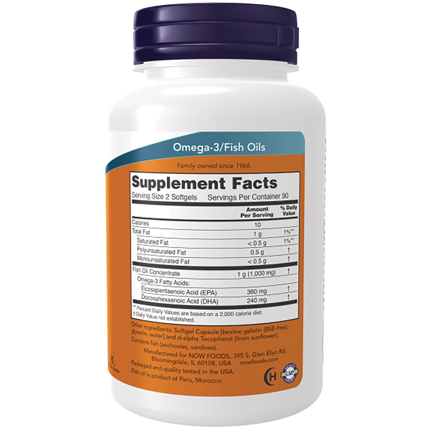 NWF842 | bottle back showing Supplement Facts panel for Omega-3/Fish Oils with nutrition facts and ingredients