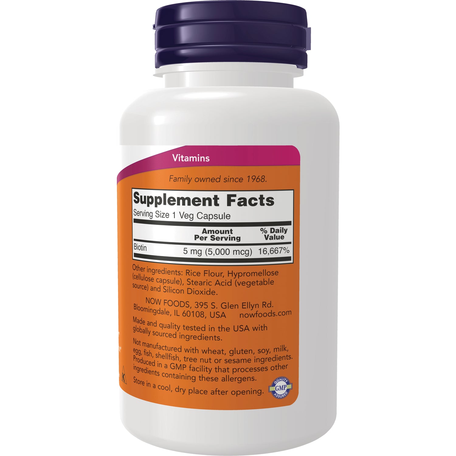 NWF291 | back label with Supplement Facts showing Biotin 5 mg (5,000 mcg) and ingredient panel
