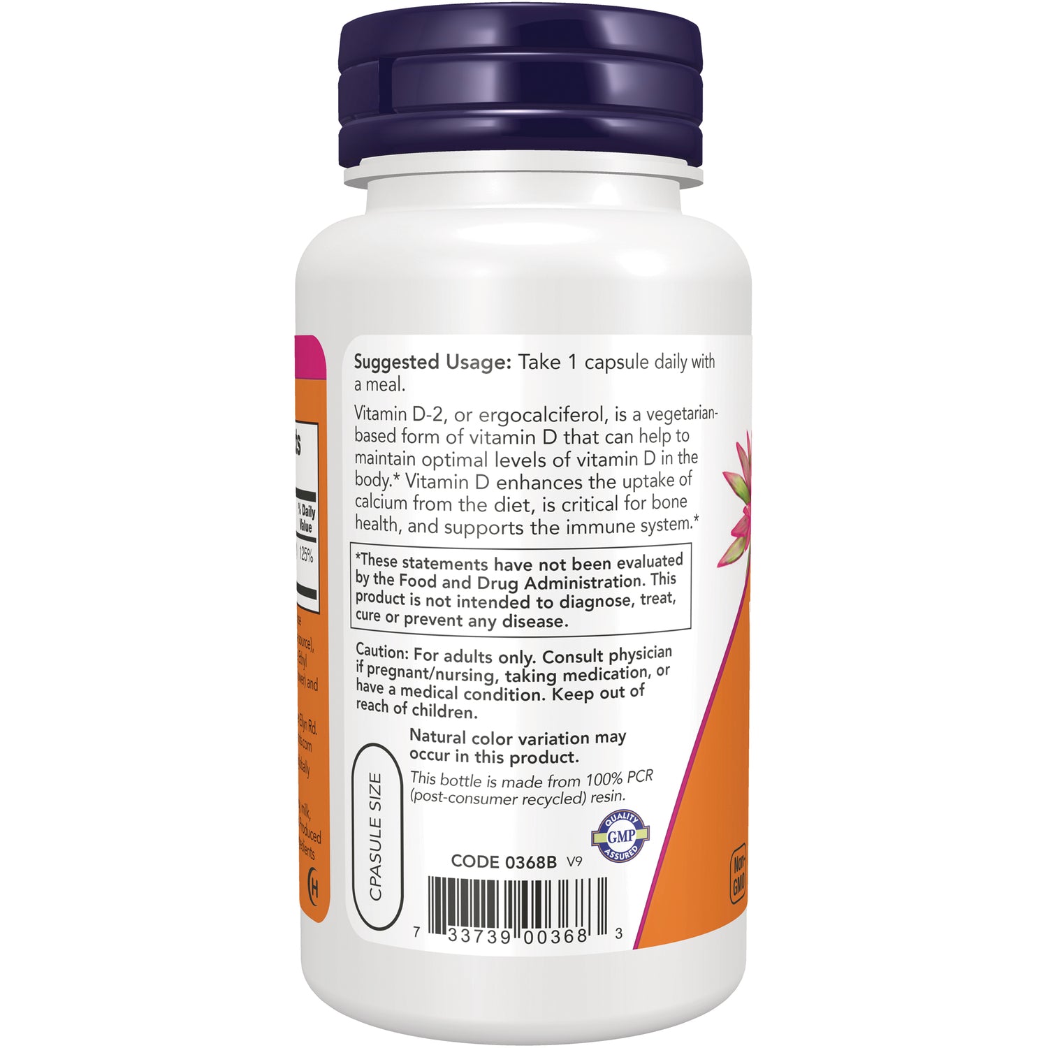 NWF111 | Back label of white supplement bottle showing suggested usage, cautions, barcode and recycling info