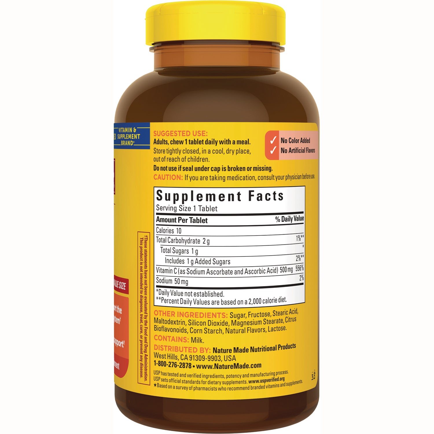 NTM166 | Back of yellow supplement bottle showing Supplement Facts panel, suggested use, ingredients and distributor information