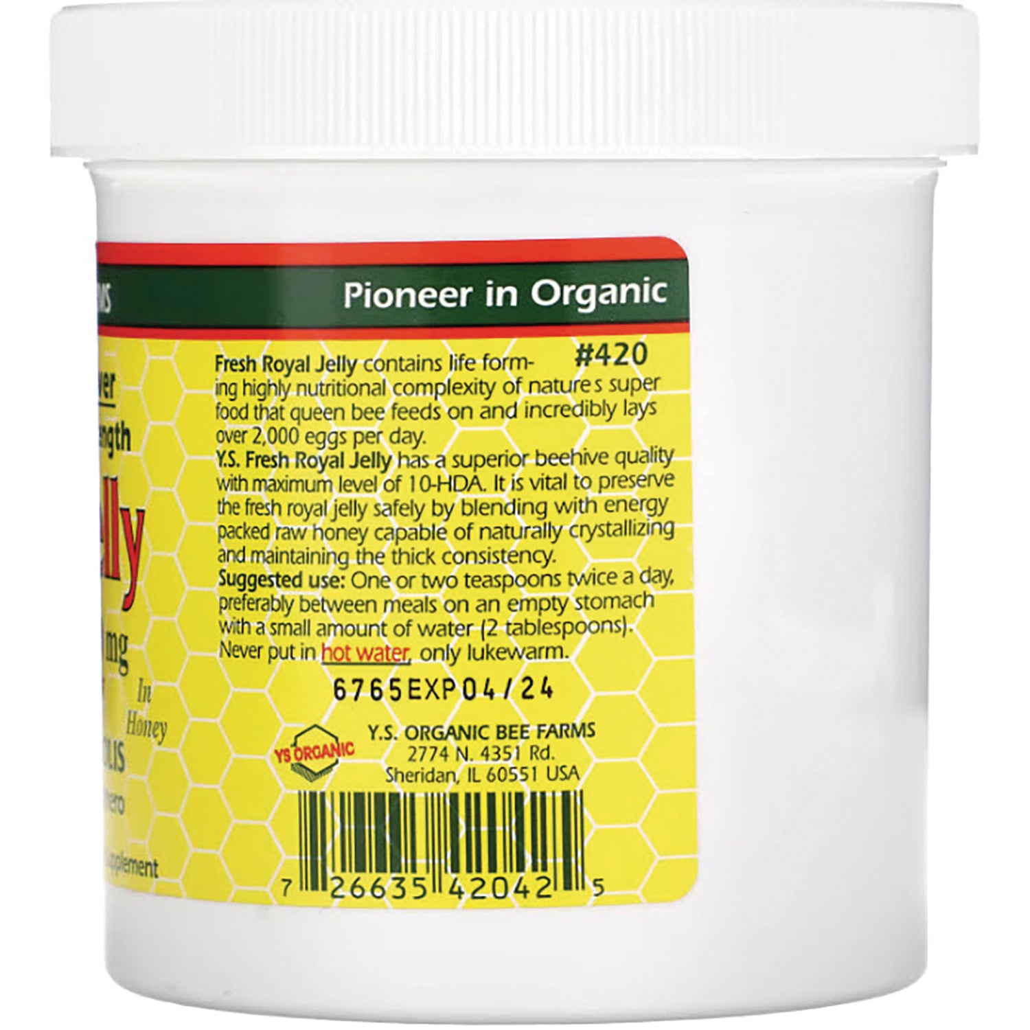 YS001 | Back label of Y.S. Organic Bee Farms Royal Jelly with 'Pioneer in Organic,' suggested use, #420, and barcode